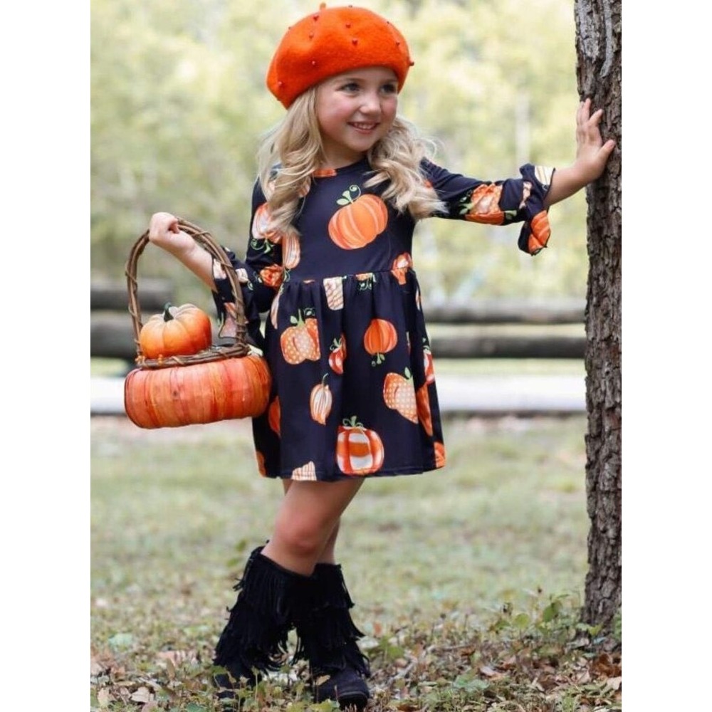 BMG Girls Pumpkin Print Dress Black Orange Bell Sleeve Fall Autumn 5T L